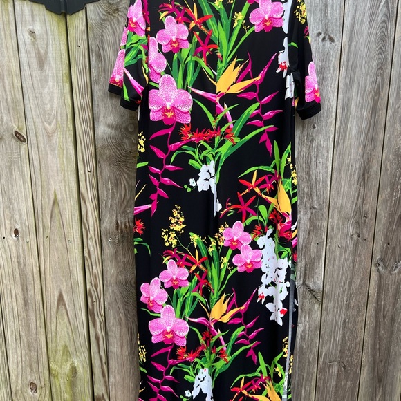 G.I.L.I. Floral Slit Tropical Black Pink Maxi Shift Dress Women’s XL - Picture 11 of 13